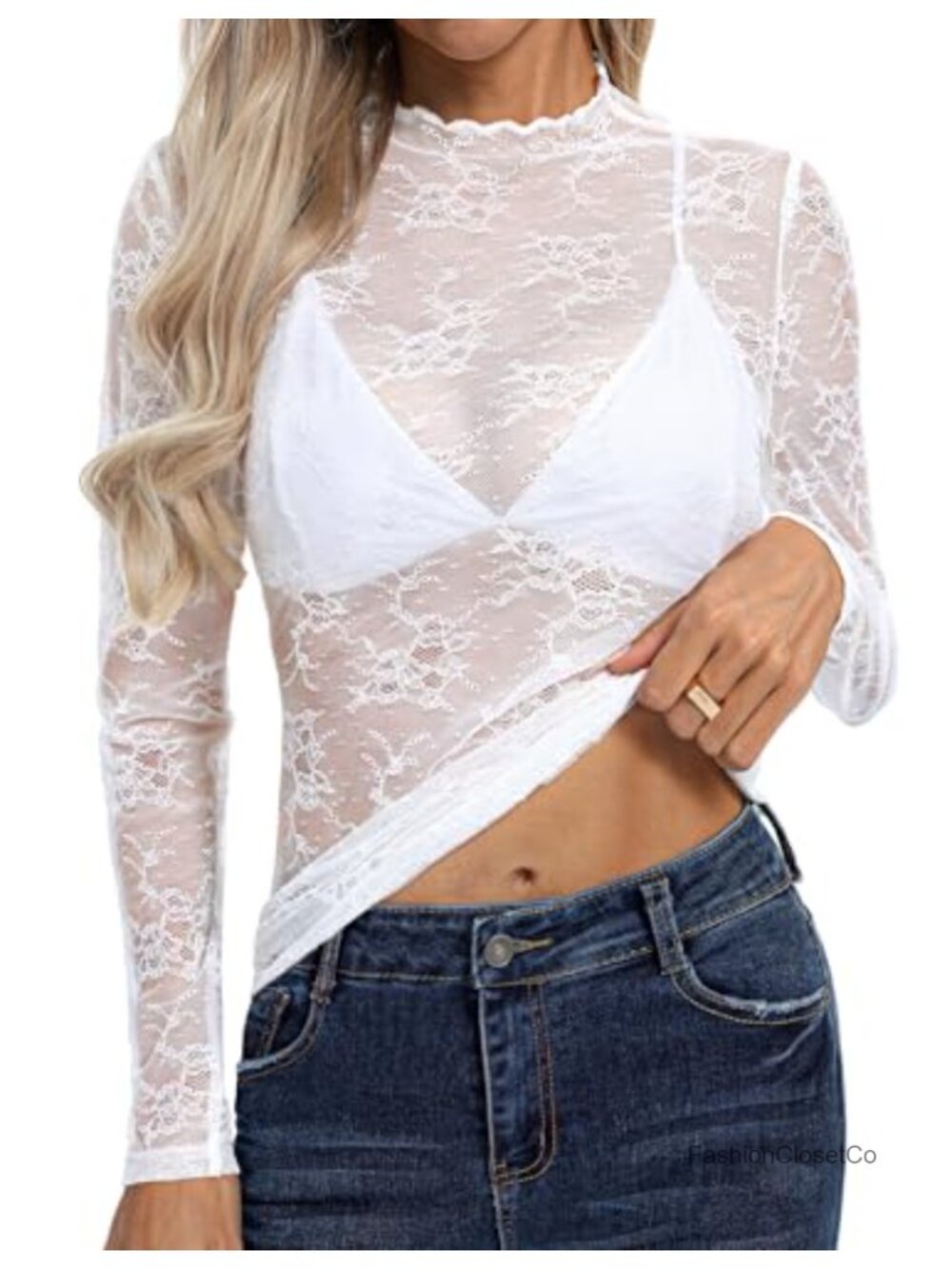 Women's Sheer Lace Blouse Long Sleeve Mock Neck Mesh See Through Stretch Top